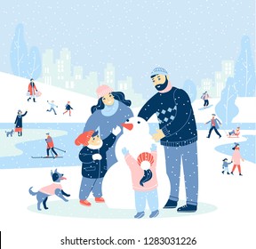 Winter holidays illustration with modern design people, Merry Christmas, Happy New Year. Family with children making snowman in snow city park. Outdoor activity for xmas season.