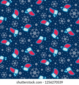 Winter holidays illustration, seamless pattern with snowflakes and Christmas socks