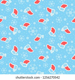 Winter holidays illustration, seamless pattern with snowflakes and Christmas socks