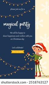 Winter holidays invitation card with elf boy. Vector templates with Santa Claus little helper fun character. Cute kid design for print, card, flyer, banner. Merry Christmas 2025 cover