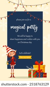 Winter holidays invitation card with elf girl. Vector templates with Santa Claus little helper fun character. Cute kid design for print, card, flyer, banner. Merry Christmas 2025 cover