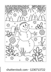 Winter holidays joy themed coloring page with happy cheerful snowman walking outdoor