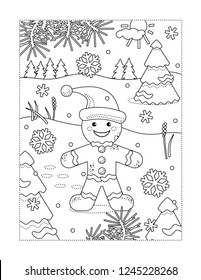 Winter holidays joy themed coloring page with happy cheerful ginger man walking outdoor