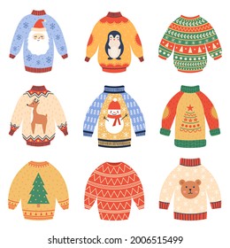 Winter holidays jumpers. Cute xmas woollen sweaters, cozy Christmas winter garments vector illustration set. Christmas warm sweaters with Santa Claus, snowman, fir tree and reindeer design