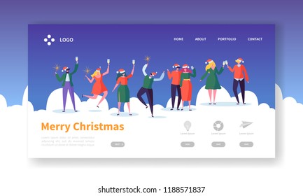 Winter Holidays Landing Page Template. Merry Christmas and Happy New Year Website Layout with Flat People Characters Celebrating. Easy to Edit and Customize Mobile Web Site. Vector illustration