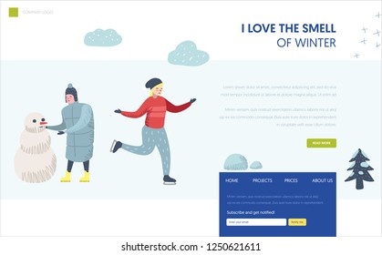 Winter Holidays Landing Page Template. Man character making snowman, woman ice skating for Website or Web Page. Easy edit. Vector illustration