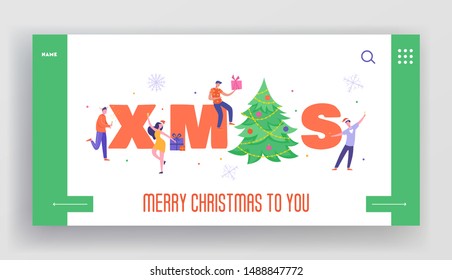 Winter Holidays Landing Page Template. Merry Christmas and Happy New Year Website Layout with Flat People Characters Celebrating. Customized Mobile Web Site Friends Party. Vector illustration
