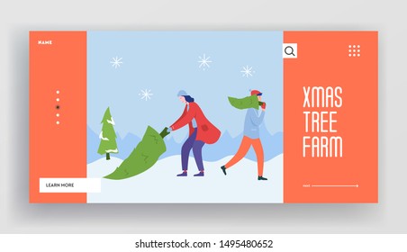 Plantilla de la página de inicio de vacaciones de invierno. Feliz Navidad y feliz diseño de sitio web de Año Nuevo con personajes de la gente comprando árboles de Navidad. Grupo de amigos de sitios Web móviles personalizados. Ilustración del vector