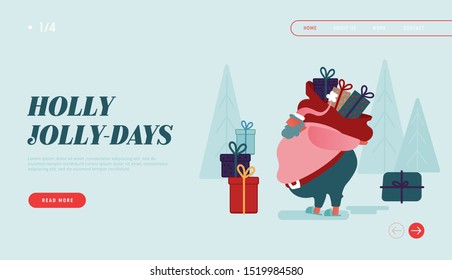 Plantilla de la página de inicio de vacaciones de invierno. Feliz Navidad y feliz diseño de sitio web de Año Nuevo con personajes de Santa Claus cuidando regalos, llevando regalos. Ilustración del vector
