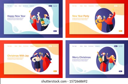 Winter holidays landing page template. Set of concept for web pages on New Year party celebration theme. People waiting for midnight to make a wish. They hold champagne and sparklers in hands.