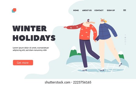 Winter Holidays Landing Page Template. Couple Christmas Spare Time Amusement. Happy People Performing Outdoor Leisure Activities. Male and Female Characters Figure Skating. Cartoon Vector Illustration