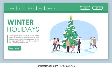 Winter holidays landing page vector template. City Christmas tree website interface idea with flat illustrations. Xmas, New Year holiday celebration event web banner, webpage cartoon concep