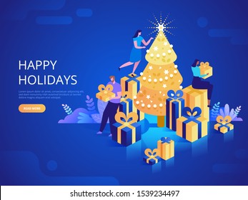 Winter holidays landing page vector template. Christmas season event celebration website homepage interface idea with isometric illustrations. Friends decorating fir tree web banner 3D cartoon concept