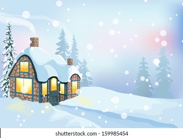 Winter holidays landscape. Christmas vector Illustration with house and snowy forest.
