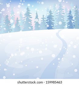 Winter holidays landscape. Christmas vector Illustration with snowy forest.