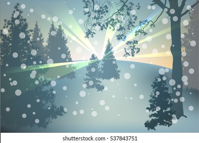 Winter holidays landscape. Christmas vector Illustration with snowy forest.