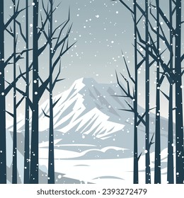 Winter holidays. Winter landscape with forest and mountains. Vector illustration