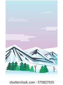 Winter holidays landscape vector mountain peaks forest and mountainous valleys illustration .