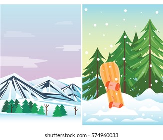 Winter holidays landscape vector snowboard in snow set peaks of mountain forest and mountainous valleys illustration.