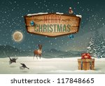 Winter holidays landscape with wooden sign. Vector Illustration.
