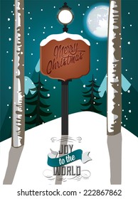 Winter holidays landscape with wooden sign Merry Christmas.