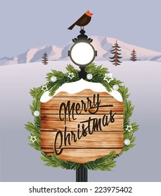 Winter holidays landscape with wooden sign. Merry Christmas and Happy New Year.