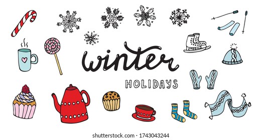 Winter holidays lettering with hand drawn vector icons of snowflakes, winter sport, clothers, tea, cupcakes, lollipops. Doodle vector illustration.