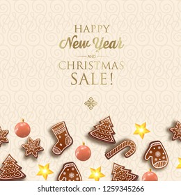 Winter holidays light template with greeting golden inscription and Christmas symbols on seamless pattern vector illustration