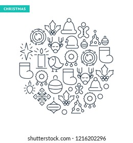 Winter holidays lined icons collection with Christmas elements and symbols in round shape isolated vector illustration