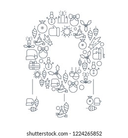 Winter holidays lined icons set with New Year symbols in Christmas toy form isolated vector illustration