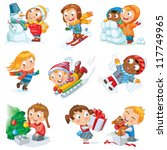 Winter holidays. Little girl sculpts snowman, skating, skiing, sledding, dresses up Christmas tree, boy received a gift of a puppy, makes a snow angel, children playing in snowballs, vector set