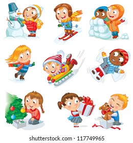 Winter holidays. Little girl sculpts snowman, skating, skiing, sledding, dresses up Christmas tree, boy received a gift of a puppy, makes a snow angel, children playing in snowballs, vector set