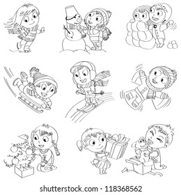 Winter holidays. Little girl sculpts snowman, skating, skiing, sledding, dresses up Christmas tree, boy received a gift of a puppy, makes a snow angel, children playing in snowballs, vector set