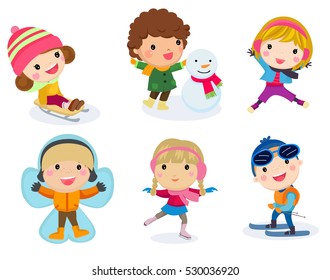 Winter holidays. Little girl sculpts snowman, skating, skiing, sledding,  boy received a gift of a puppy, makes a snow angel, children playing in snowballs, vector set