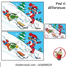 Winter holidays. Little girl is snowboarding and little boy is sledding . Find 10 differences. Educational matching game for children. Cartoon vector illustration