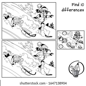 Winter holidays. Little girl is snowboarding and little boy is sledding . Find 10 differences. Educational matching game for children. Black and white cartoon vector illustration