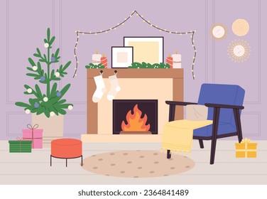 Winter holidays living room interior. Christmas time, cozy home for recreation. Scandinavian style, chair, fireplace and fir tree vector background of room interior christmas illustration