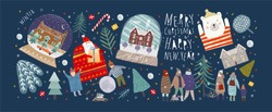 Winter Holidays Merry Christmas And Happy New Year! Vector Illustrations And Objects Of Nature, Landscape, Houses, People, And Trees; Drawing Santa Claus And Happy Children And Family In The Forest. 