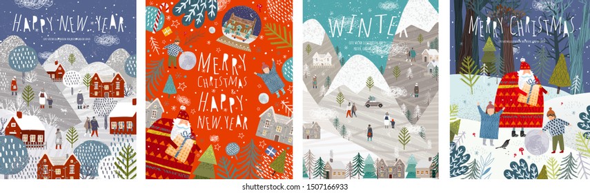 Winter holidays merry christmas and happy new year! Vector illustrations of nature, landscape, houses, people, and trees; drawing santa claus and happy children and family in the forest. Backgrounds.