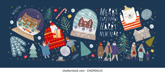 Winter holidays merry christmas   happy new year! Vector illustrations   objects nature  landscape  houses  people    trees; drawing santa claus   happy children   family in the forest  