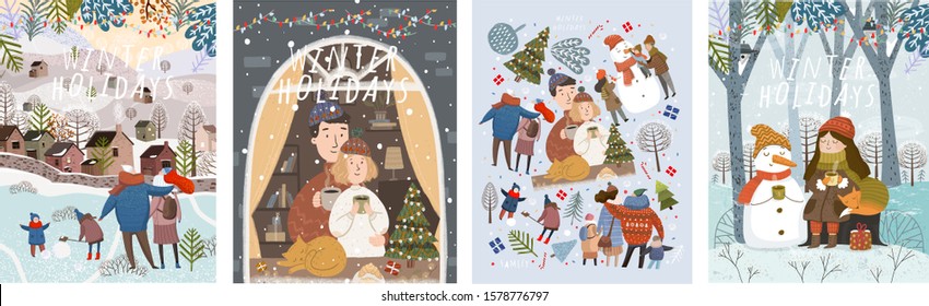 ¡Vacaciones de invierno! ¡Feliz Navidad y feliz año nuevo! Imágenes lindas vectoras de una familia sobre la naturaleza, en casa y en la ciudad, personajes de cuento de hadas en el bosque y un conjunto de objetos aislados. Drawin