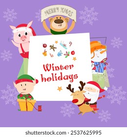 Winter Holidays and Merry Xmas poster design. Inscription with elf, santa, deer, snowman, piglet and bear on background with snowflakes. Can be used for postcards, greeting cards, leaflets