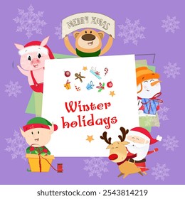 Winter Holidays and Merry Xmas poster design. Inscription with elf, santa, deer, snowman, piglet and bear on blue background with snowflakes. Can be used for postcards, greeting cards, leaflets