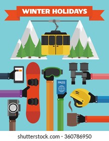 Winter holidays modern Flat background with hand .Vector illustration