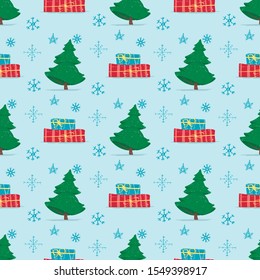 Winter Holidays Motif Seamless Pattern with Fir Tree, Falling Snowflakes and Christmas Gifts Wrapped to Colorful Paper and Bow. New Year and Xmas Ornament, Fabric Cartoon Flat Vector Illustration