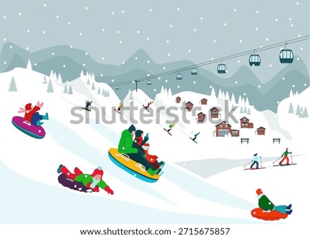 Winter holidays at a mountain resort with a ski lift and cottages. Active sports, skiing, snowboarding, inflatable sleds.