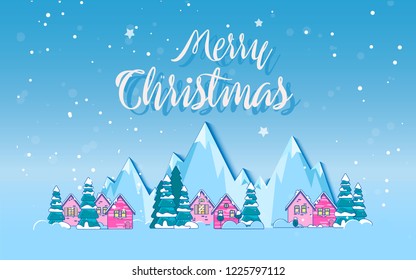 Winter holidays in the mountains concept banner. Snowy night in cozy christmas town city banner
