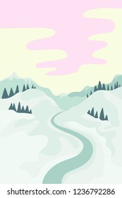 Winter holidays holidays in the mountains, hiking in the snowy mountains, the trail between the mountains. Forest on the horizon. Vector cartoon illustration concept.