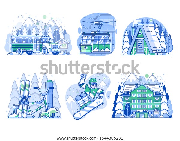 Winter holidays in mountains line\
illustrations and icons. Skiing resort vacation scenes with\
snowboarder, funicular cable car, snow lodge cabin, skibus shuttle,\
ski hotel and snowboarding\
equipment.