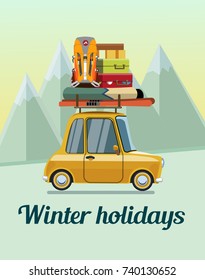 Winter holidays. Winter holidays in the mountains. Trip on a winter vacation in the mountains. The trip by car on winter vacation in the mountains.  Flat design. Vector illustration Eps10 file